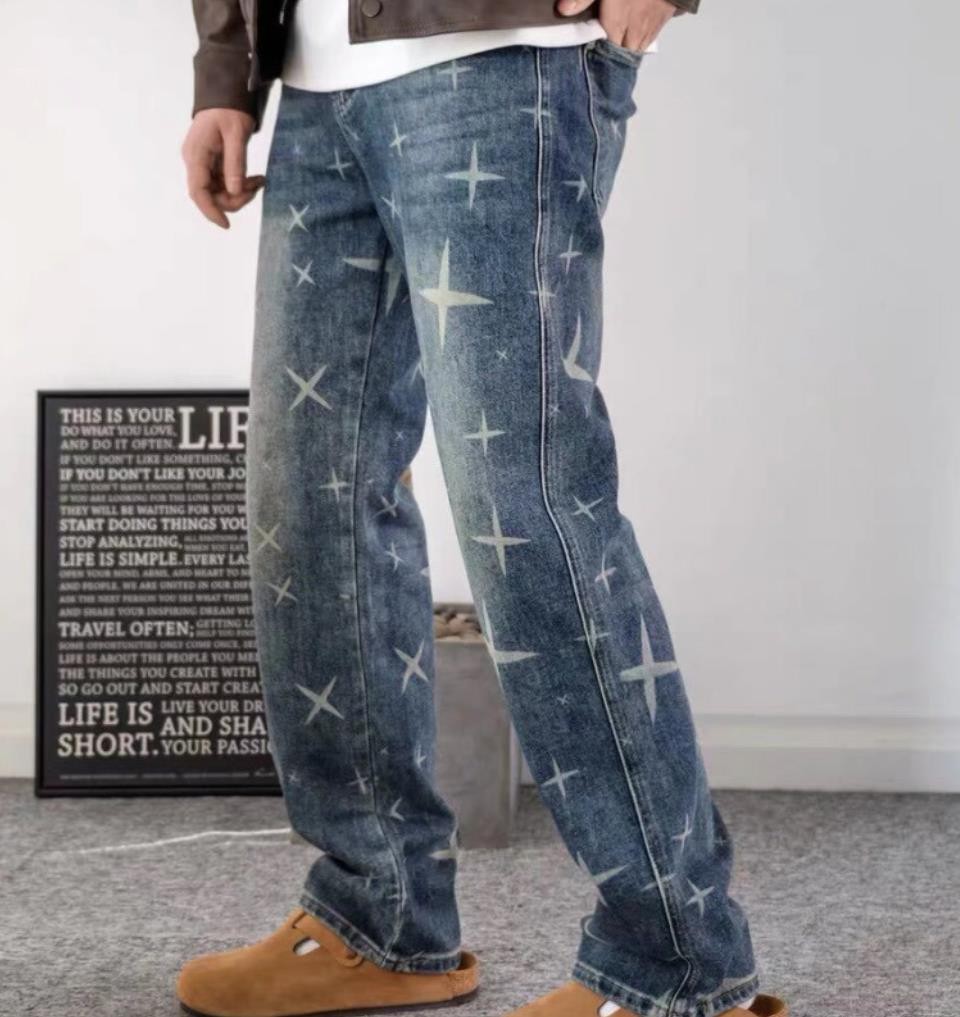 Men’s Denim Blue Jeans Printed Retro Casual Pants Punk Hip Hop Trousers Straight