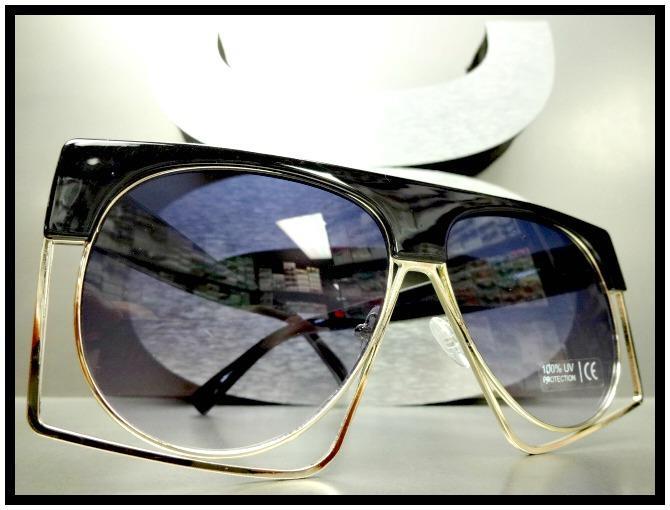 OVERSIZED Exotic VINTAGE RETRO Style SUN GLASSES Unique Funky Black & Gold Frame
