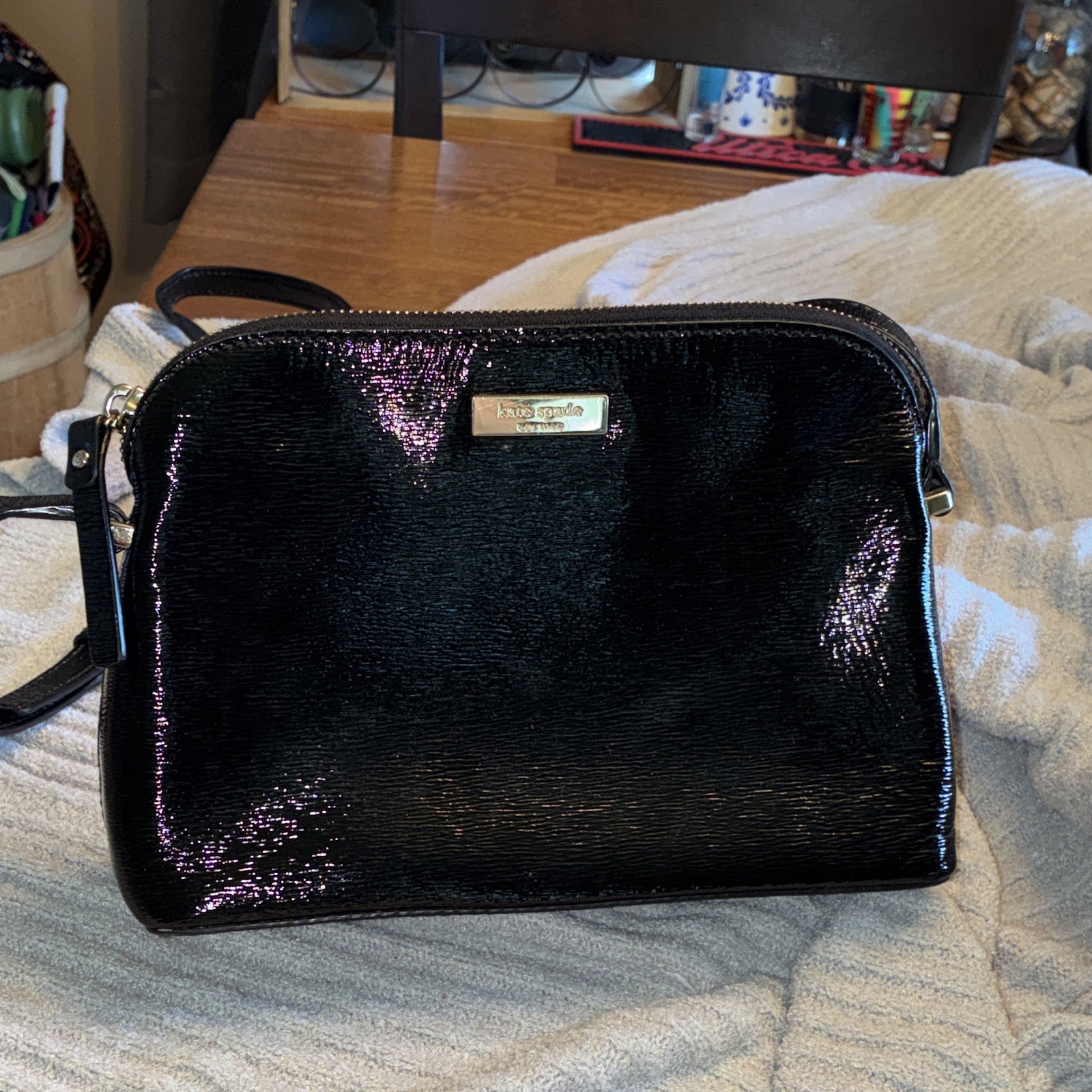 kate spade new york Black Patent Finish Crossbody, Gold Hardware, Zip, Strap