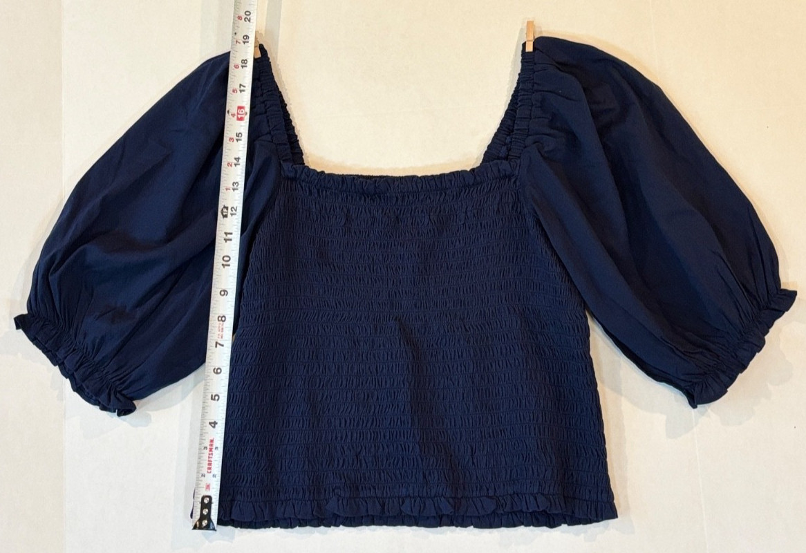LOFT Navy Blue Smocked Puff Sleeve Blouse Women’s Large L Peplum Square Neck Top