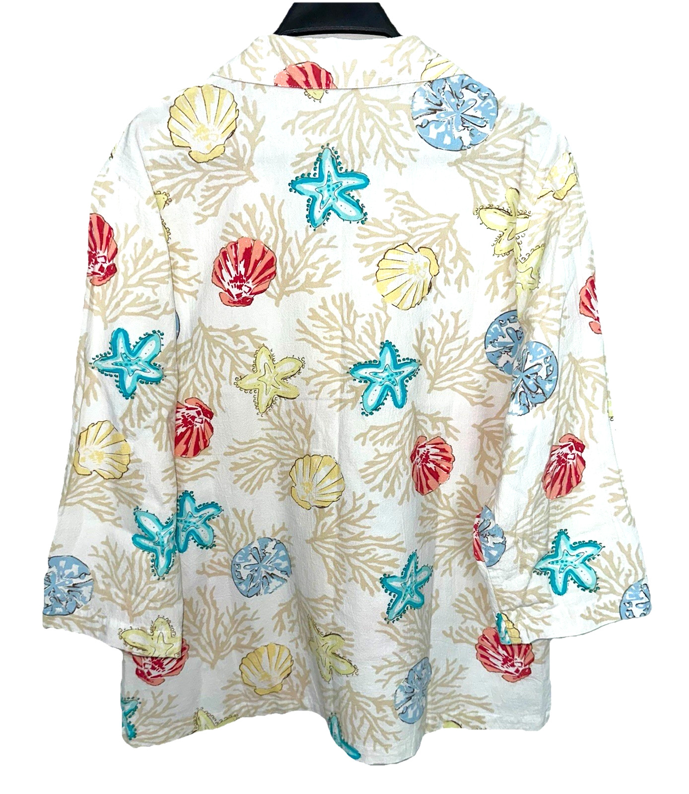 LULU-B Size Large Button-Up Top 100% Cotton Beach Coastal Starfish Seashells