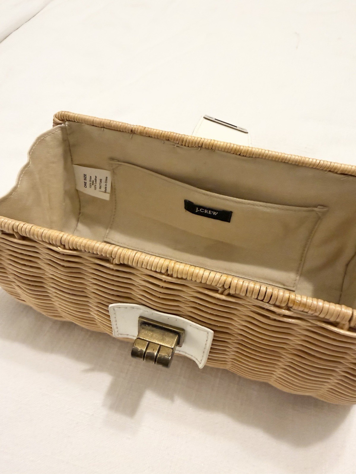 J.CREW Beige Woven Clutch Turn Lock Closure Gold Hardware Lined Inner Pockets