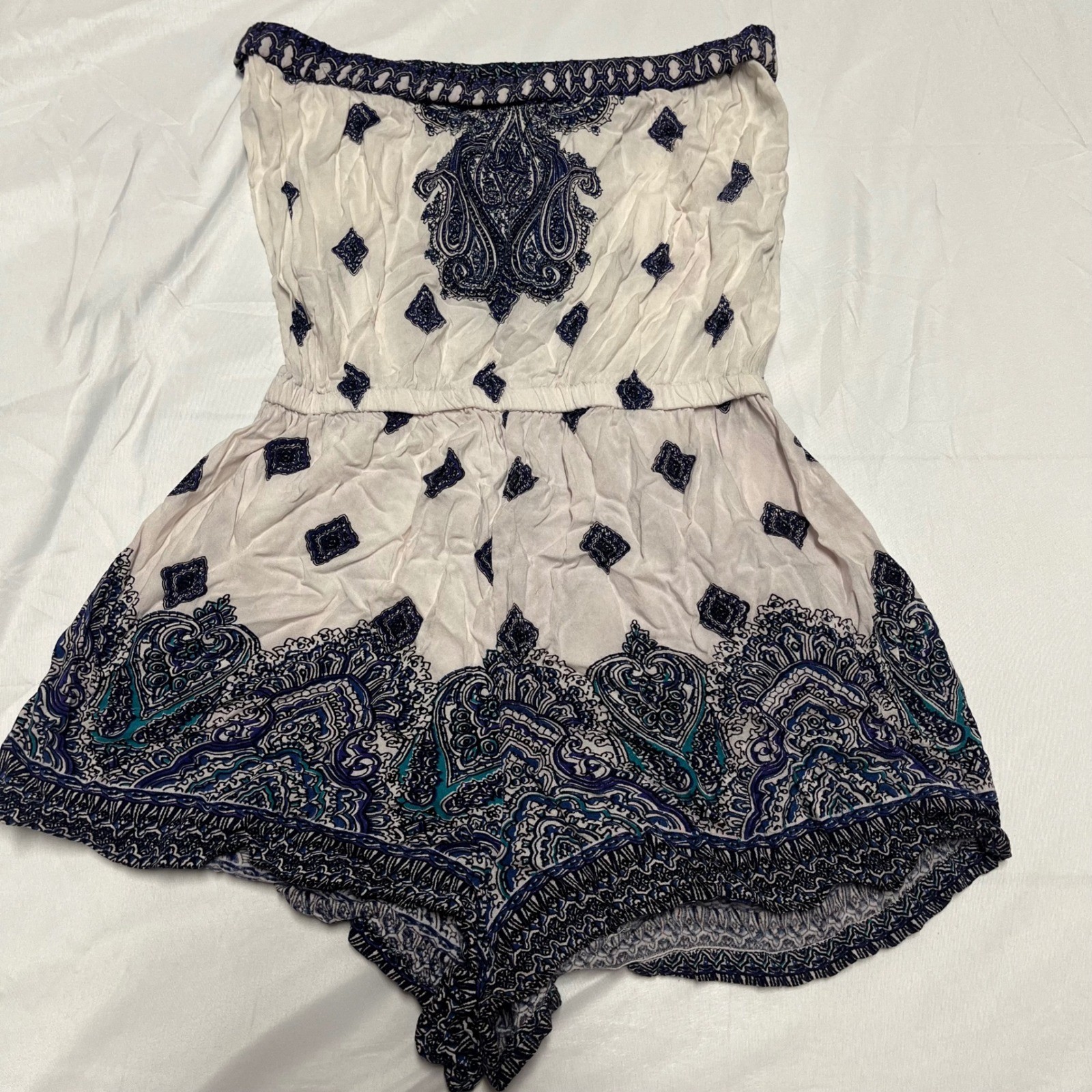 Blue White Paisley Strapless Romper Rayon Small