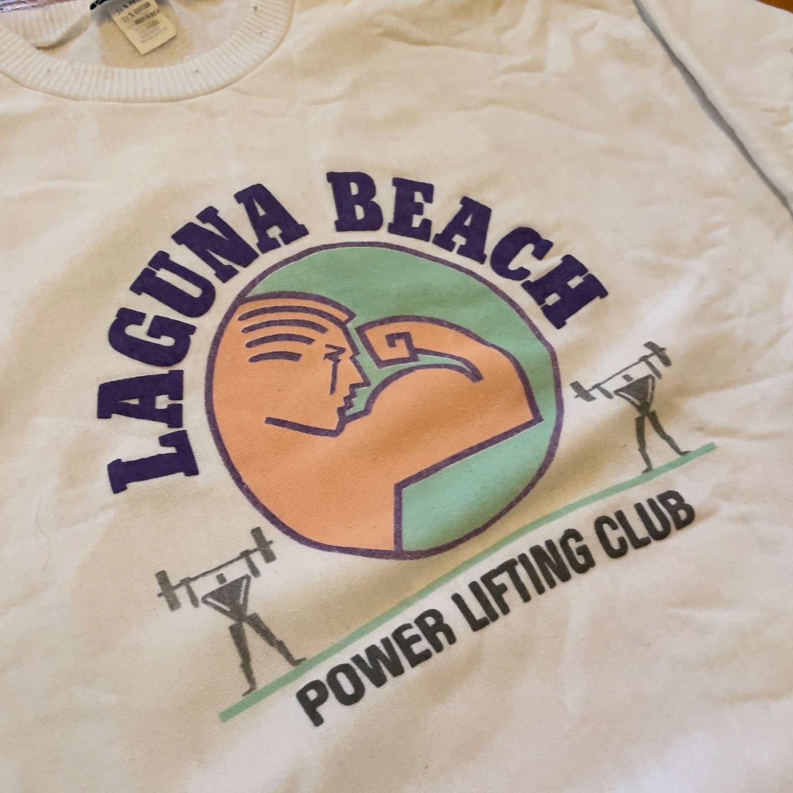 VTG 80s LAGUNA BEACH POWER LIFTING CLUB Sweatshirt White Athletic Mens L USA
