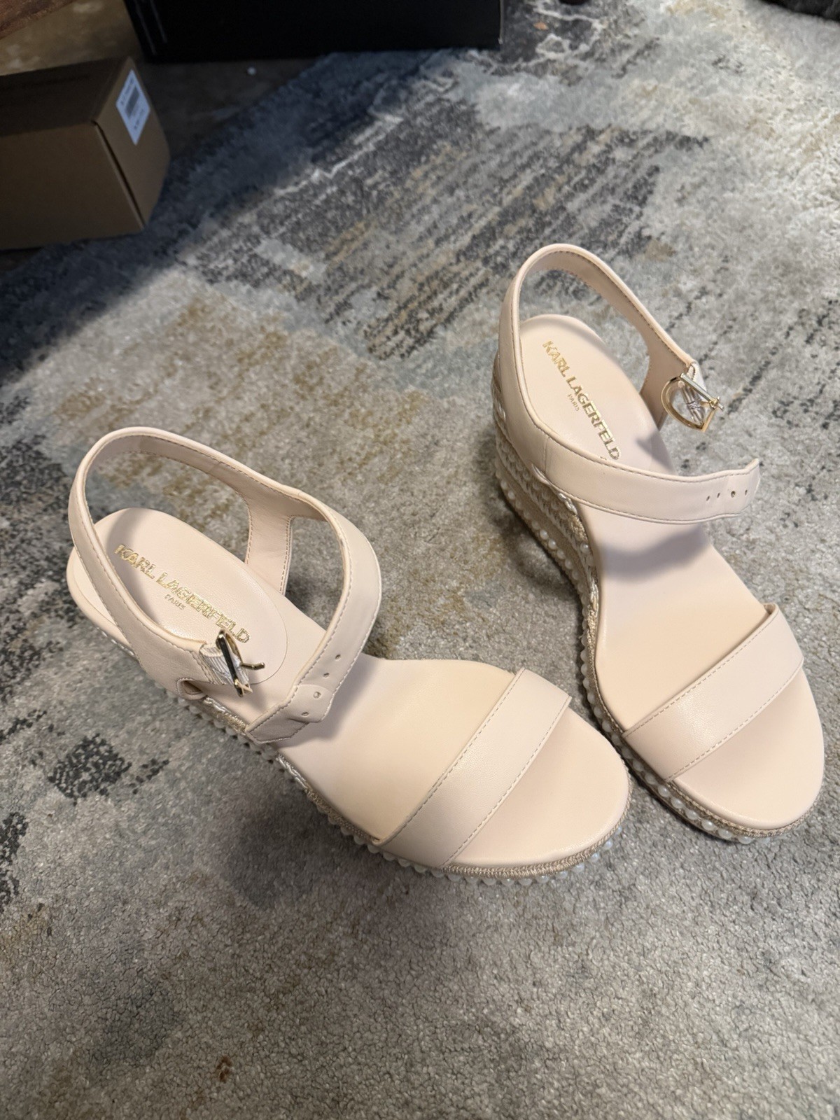 Karl Lagerfeld Beige Wedge Sandals US 8 Pearl Beading Ankle Strap Buckle