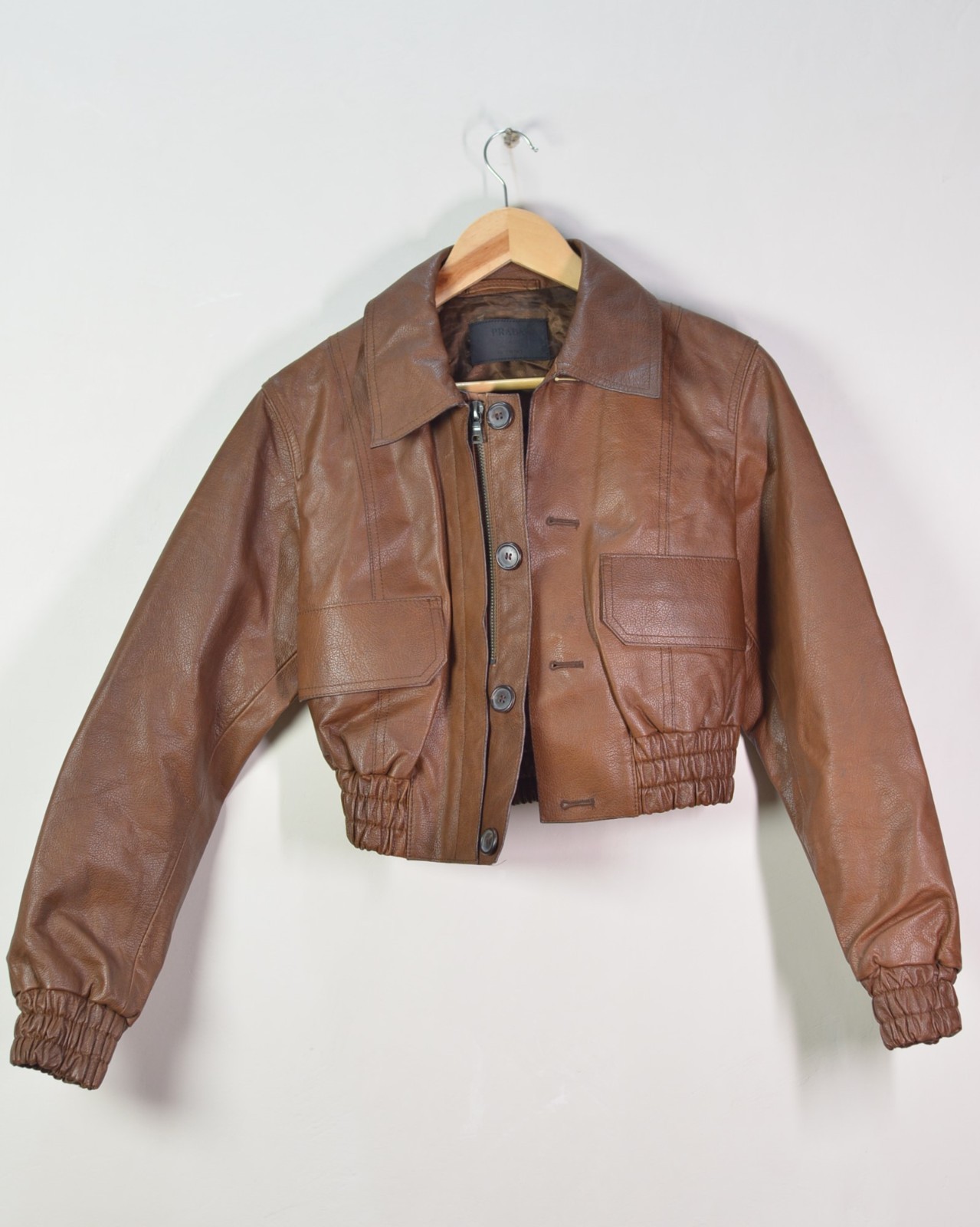 PRADA Vintage Brown Leather Motor Short Jacket Cropped Bomber IT 42 Italy