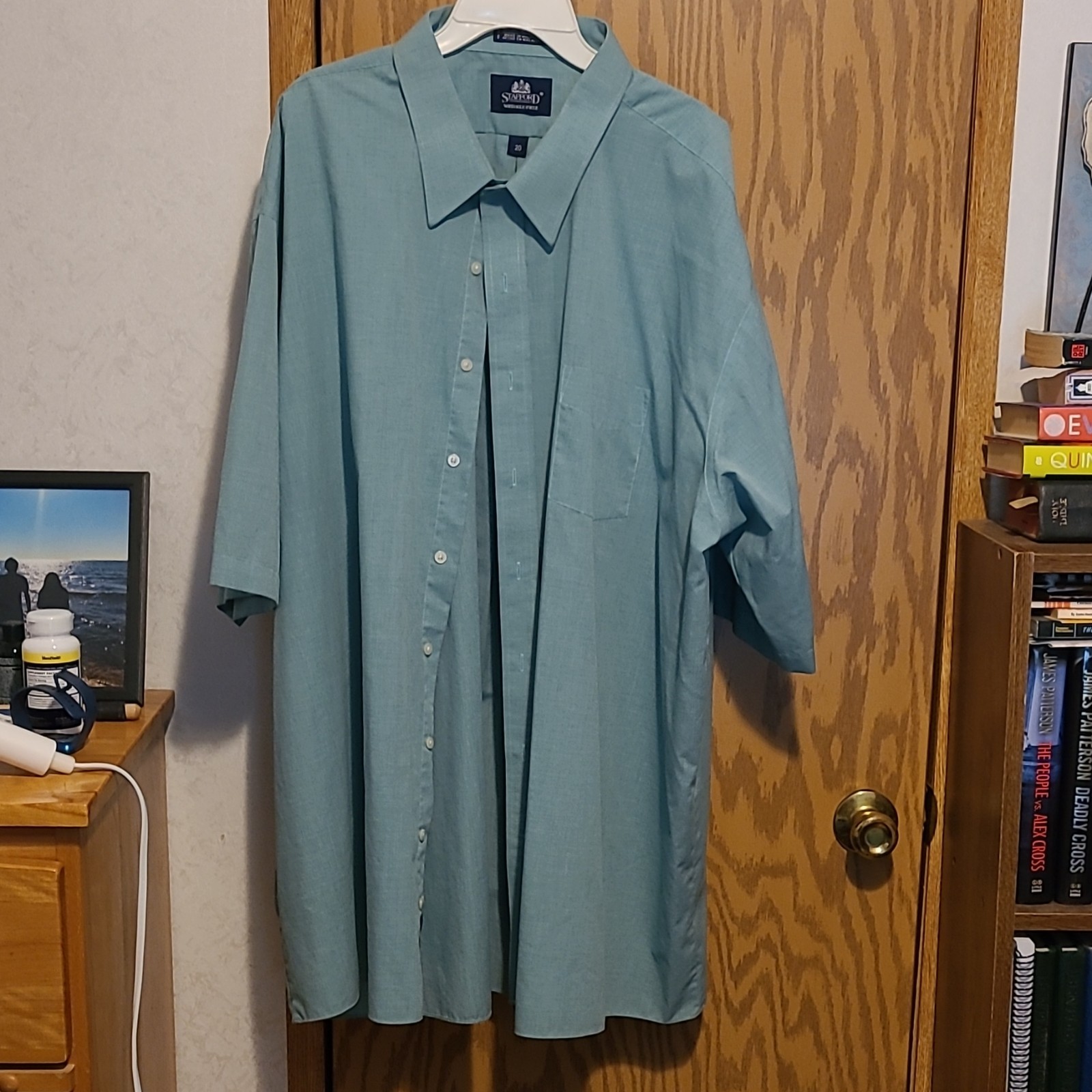 Stafford Wrinkle-Free Broadcloth Dress Shirt 20 32/33 Classic Fit Blue