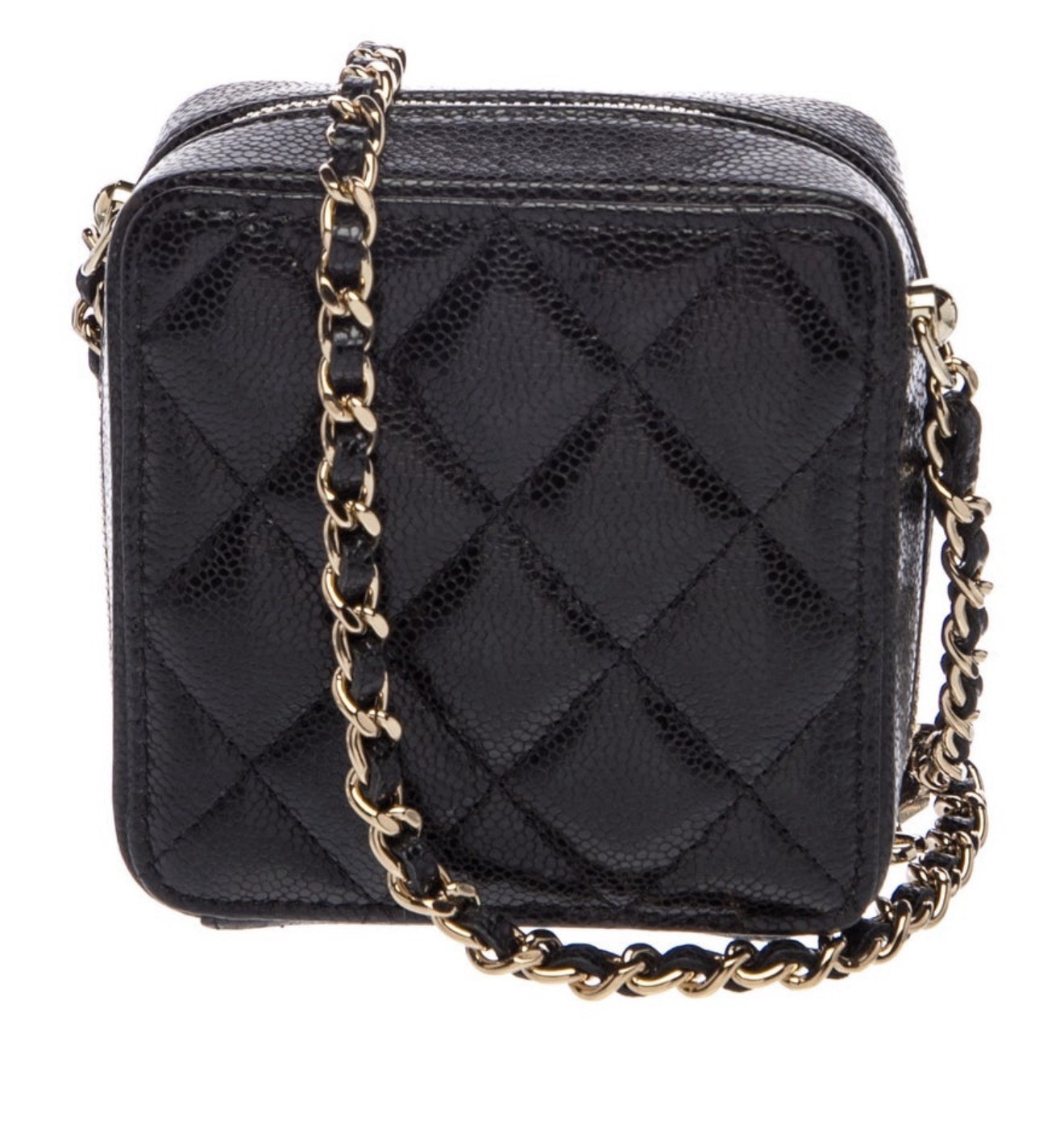 Auth CHANEL Black Quilted Mini Square Zip Crossbody Bag with Gold Chain Strap