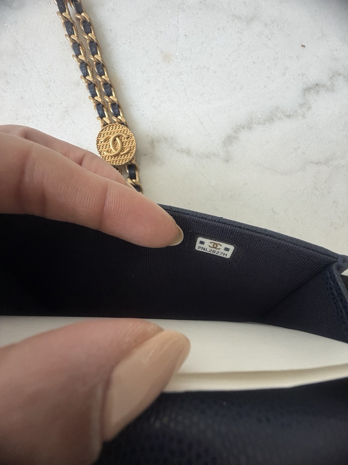 CHANEL Quilted Wallet on Chain WOC Blue Gold CC Logo Chain Strap Snap, Set