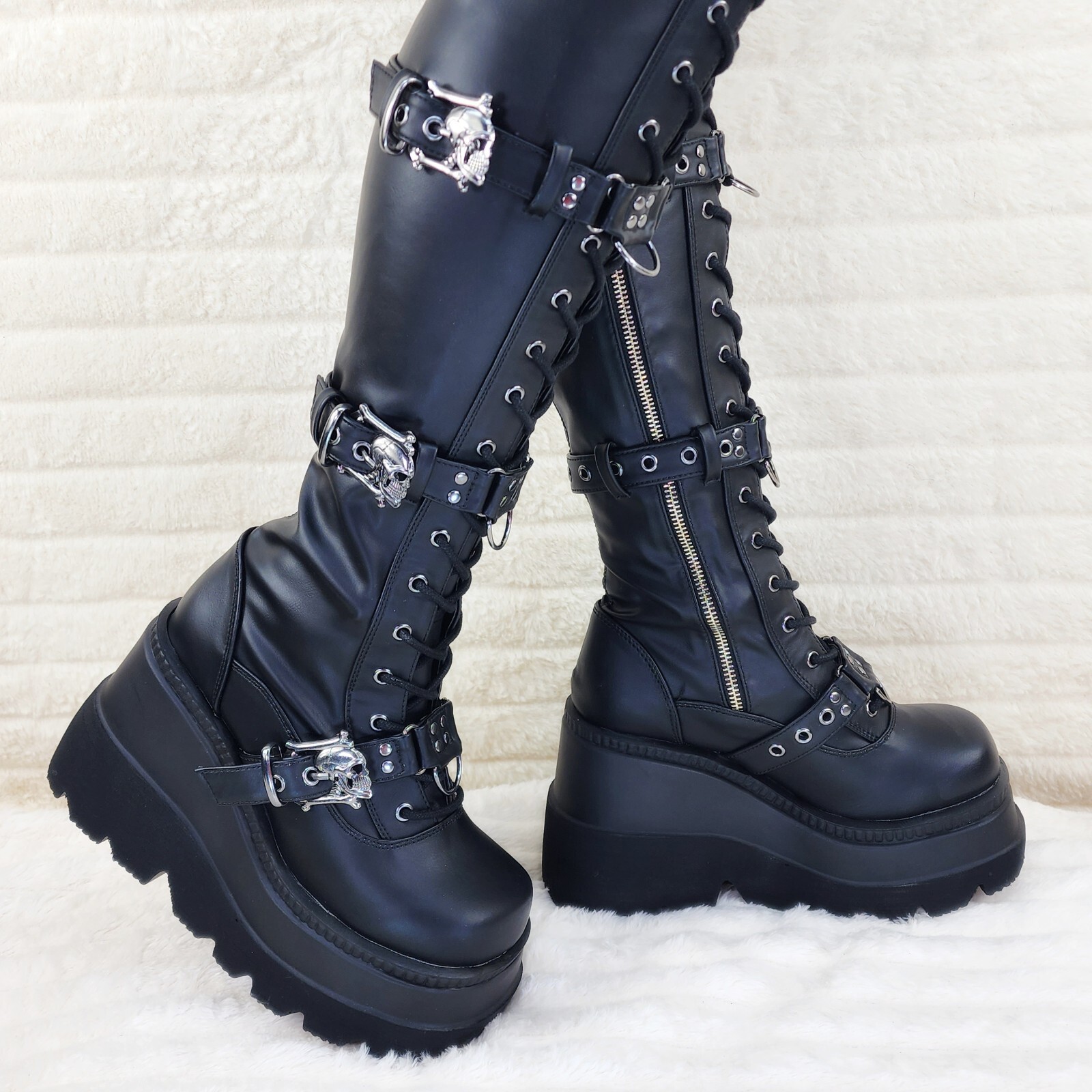 Shaker 420 Black sTRETCH 4.5″ Wedge Heel OTK Thigh Boots Skulls Zippers NY DEMON