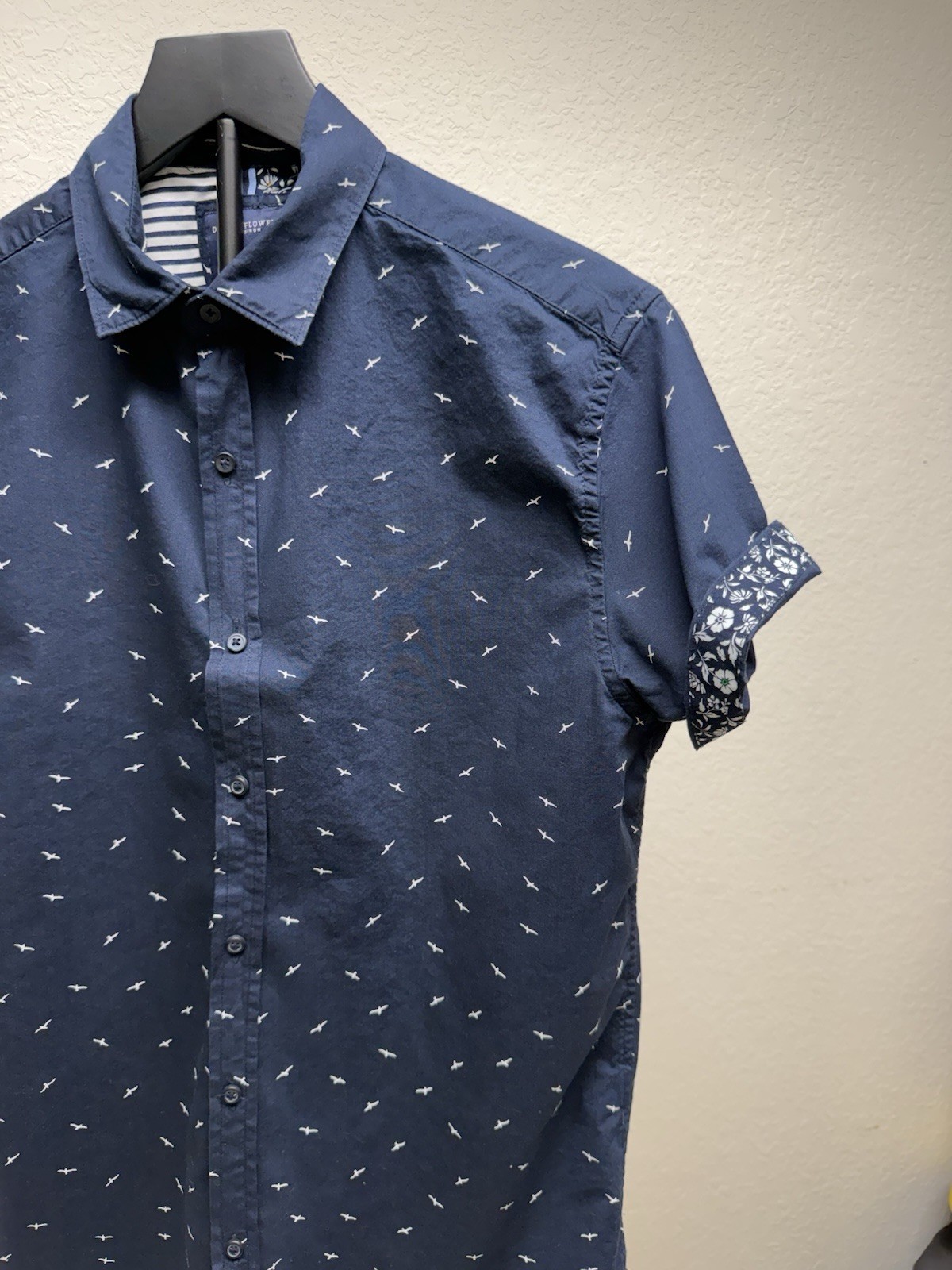 Denim & Flower Bird Print Cotton Blend Button-Up Shirt Blue Short Sleeve 38
