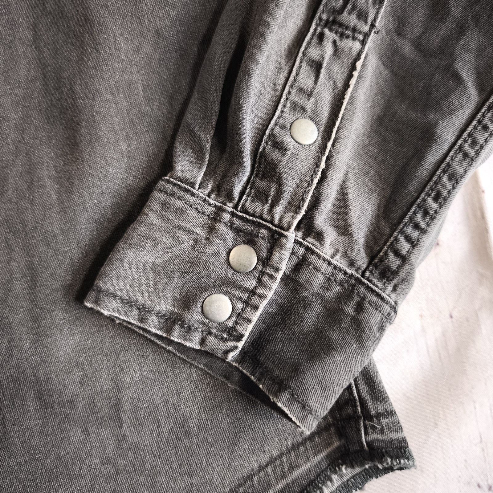 AllSaints Denim Shirt Mens Large Genki Black Grey Pearl Snap Distressed Western
