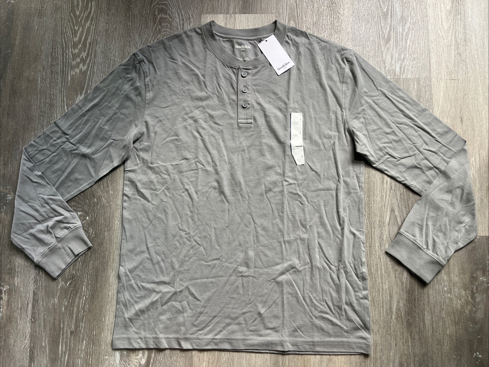 NEW Goodfellow & Co Long Sleeve 3 Button Placket Cotton T Shirt Tee GRAY LARGE