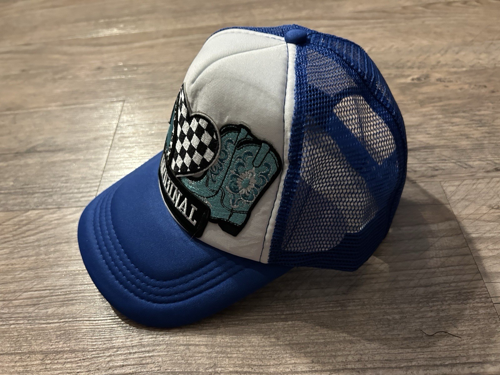 Blue/White Mesh Back Trucker Hat “ORIGINAL” Heart Patch One Size Unisex
