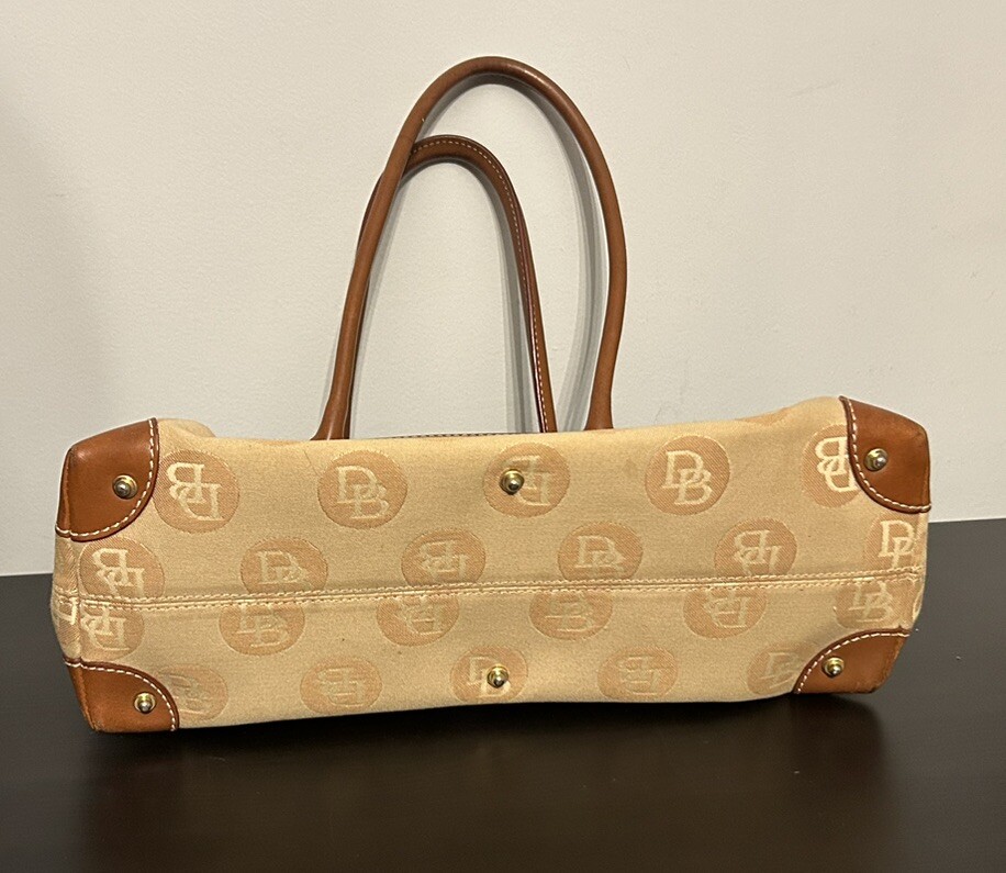 Dooney Bourke Satchel Purse Tan Canvas Leather 2 Front Lock Double Pocket