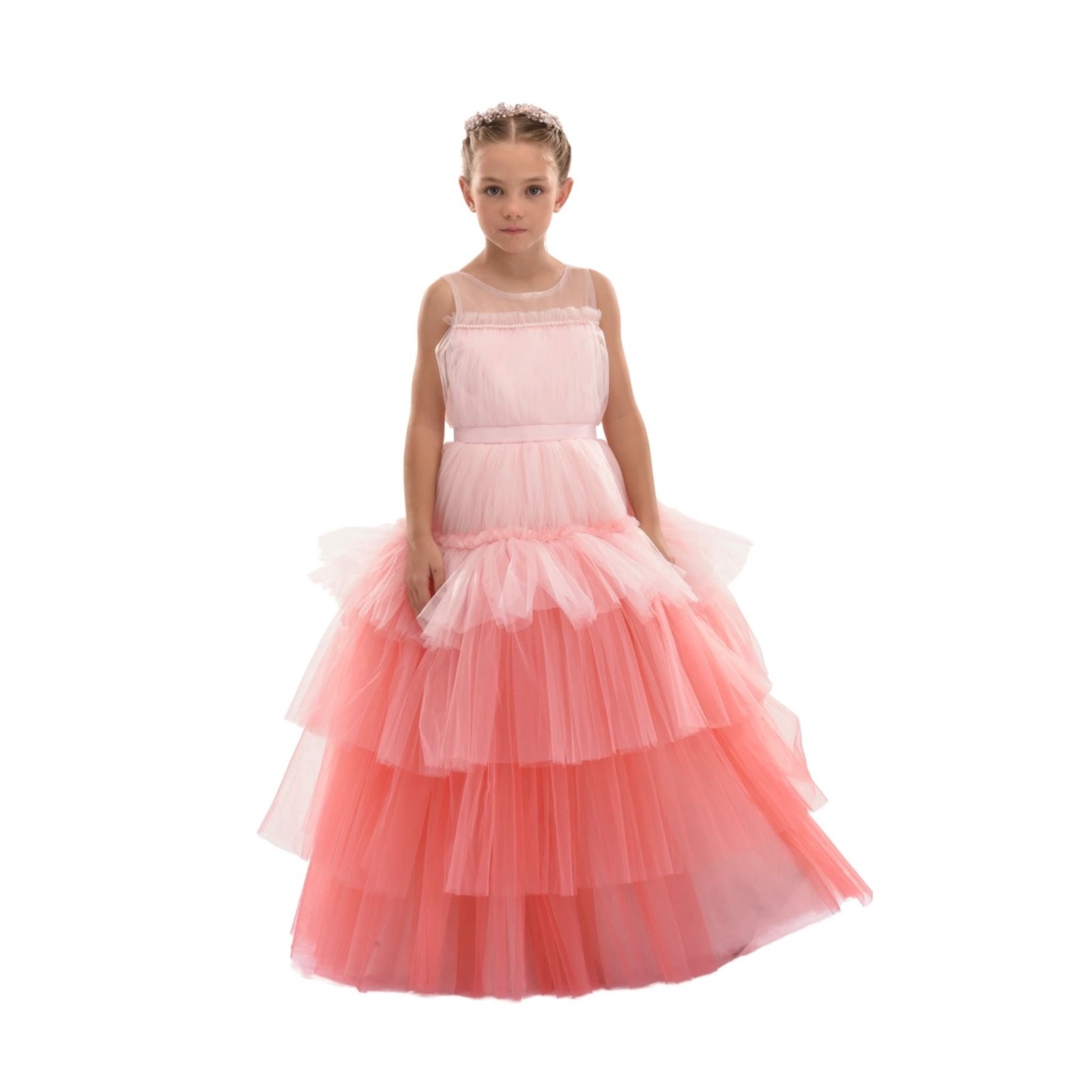 NWT $488 TULLEEN “Las Joyas” girls tiered tulle maxi dress – Rouge / Pink – 12 y