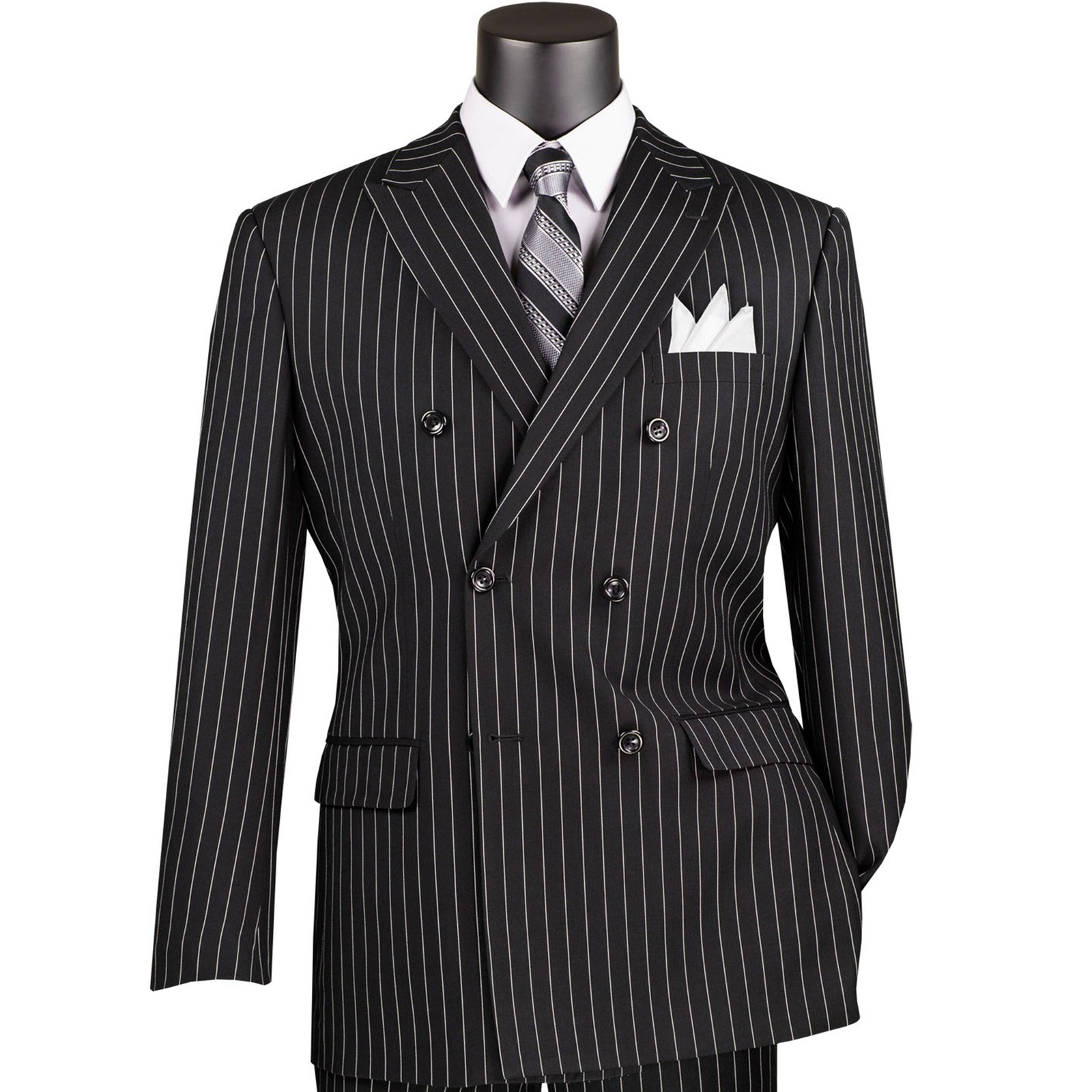 VINCI Men’s Black Pinstripe Double-Breasted Reg-Fit Suit w/ Adj Waist – NEW