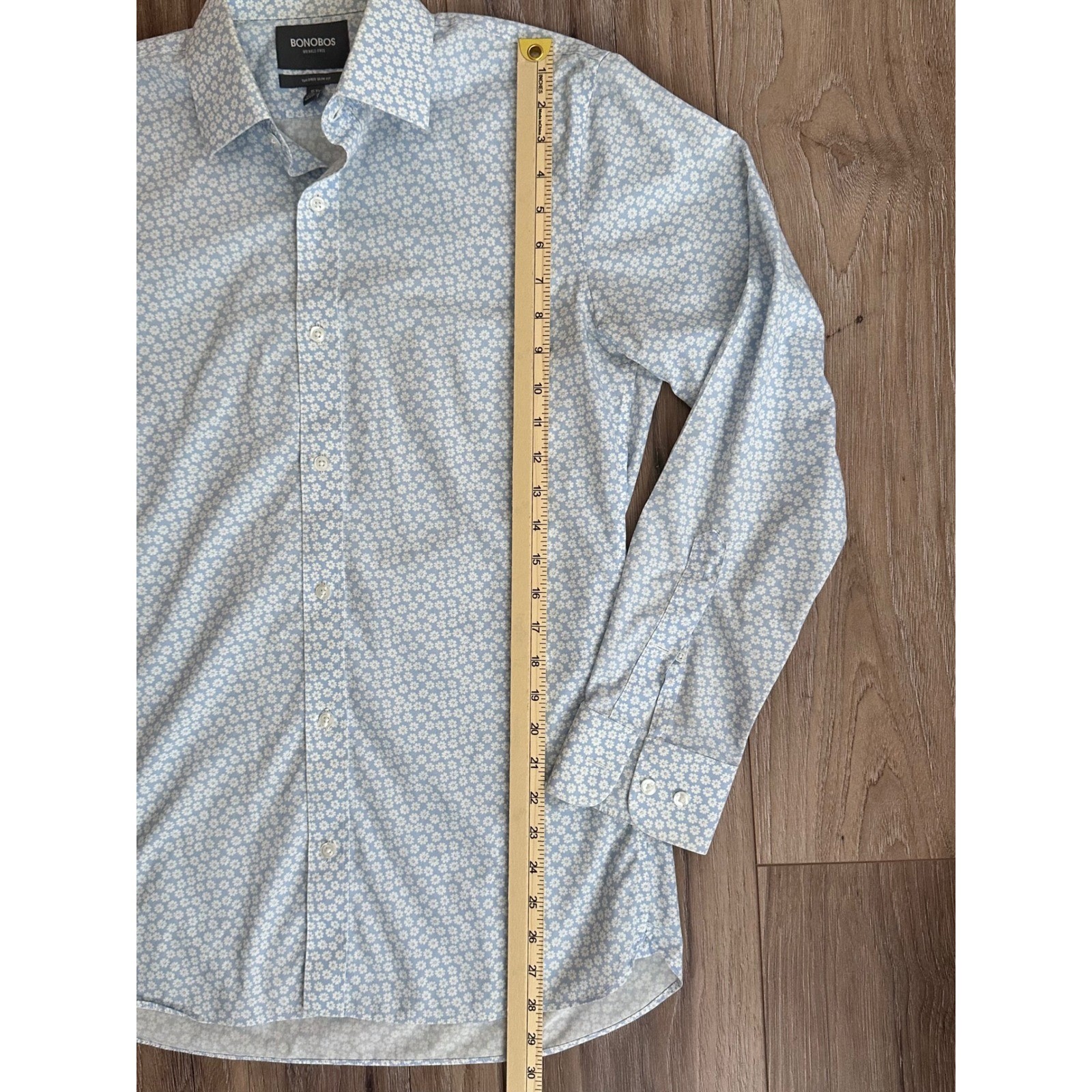 Bonobos Mens Floral Dress Shirt 15.5 34 Tailored Slim Fit Blue Daisy