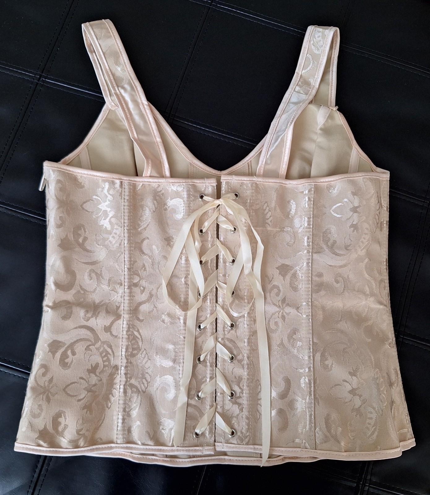 NEW Beige Satin Jacquard Strap Bustier Ribbon Lace up & Zipper Closure Corset L