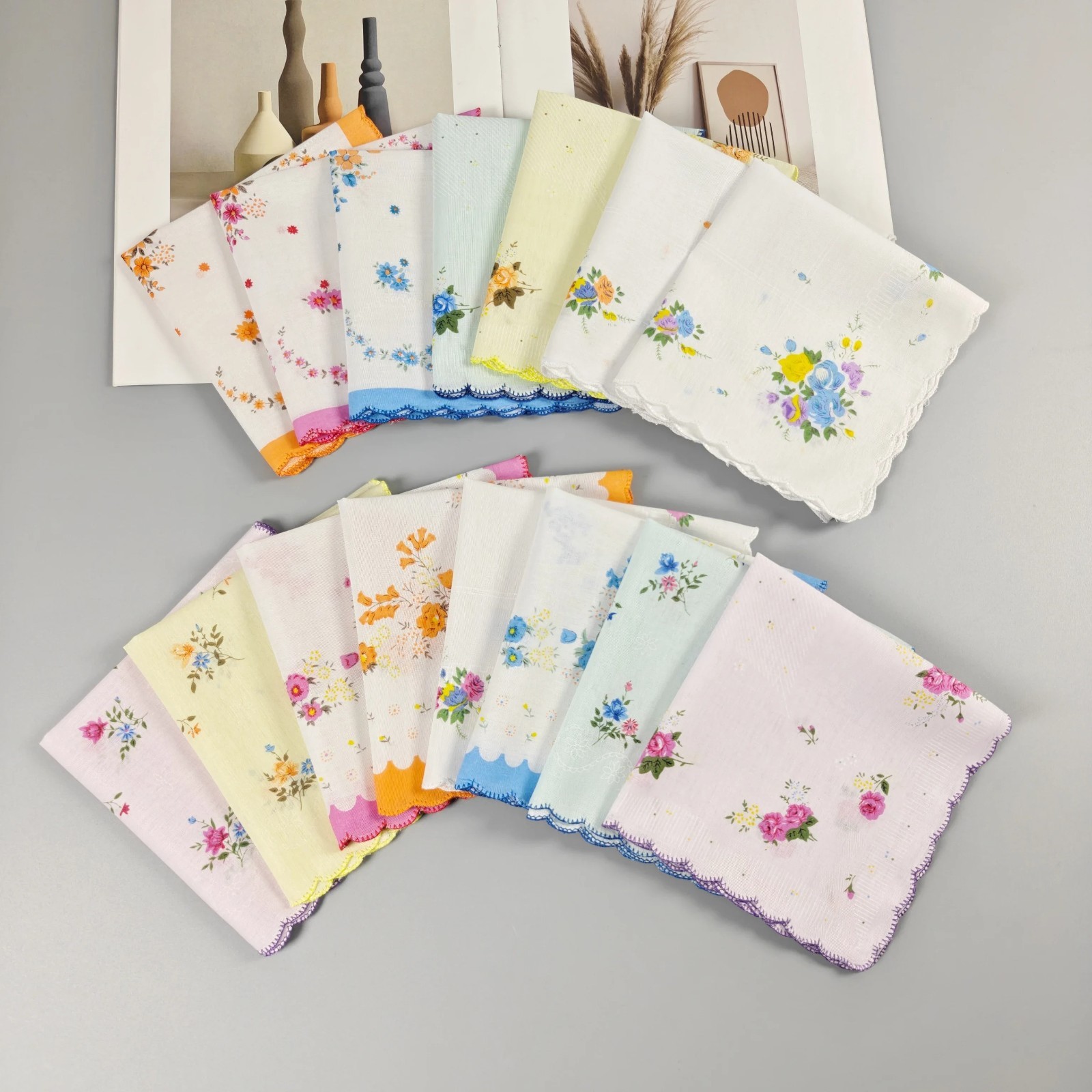 Mixed 12 pcs Square Hanky Cotton Vintage style floral Handkerchiefs Women 11.8“