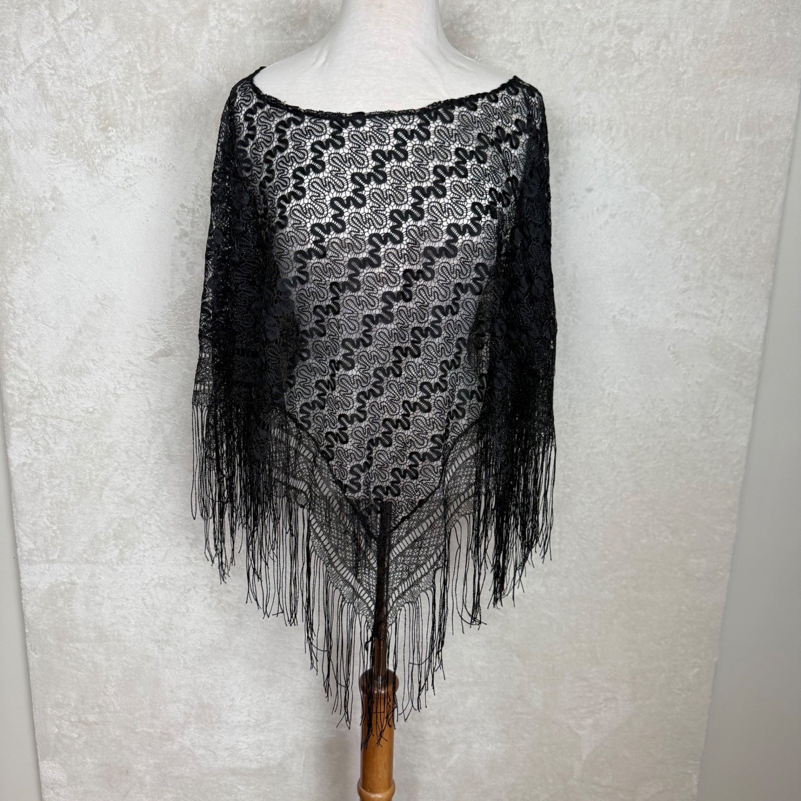 Black Lace Fringe Shawl Mantilla Whimsigoth Gothic Boho Festival Poncho Cover Up