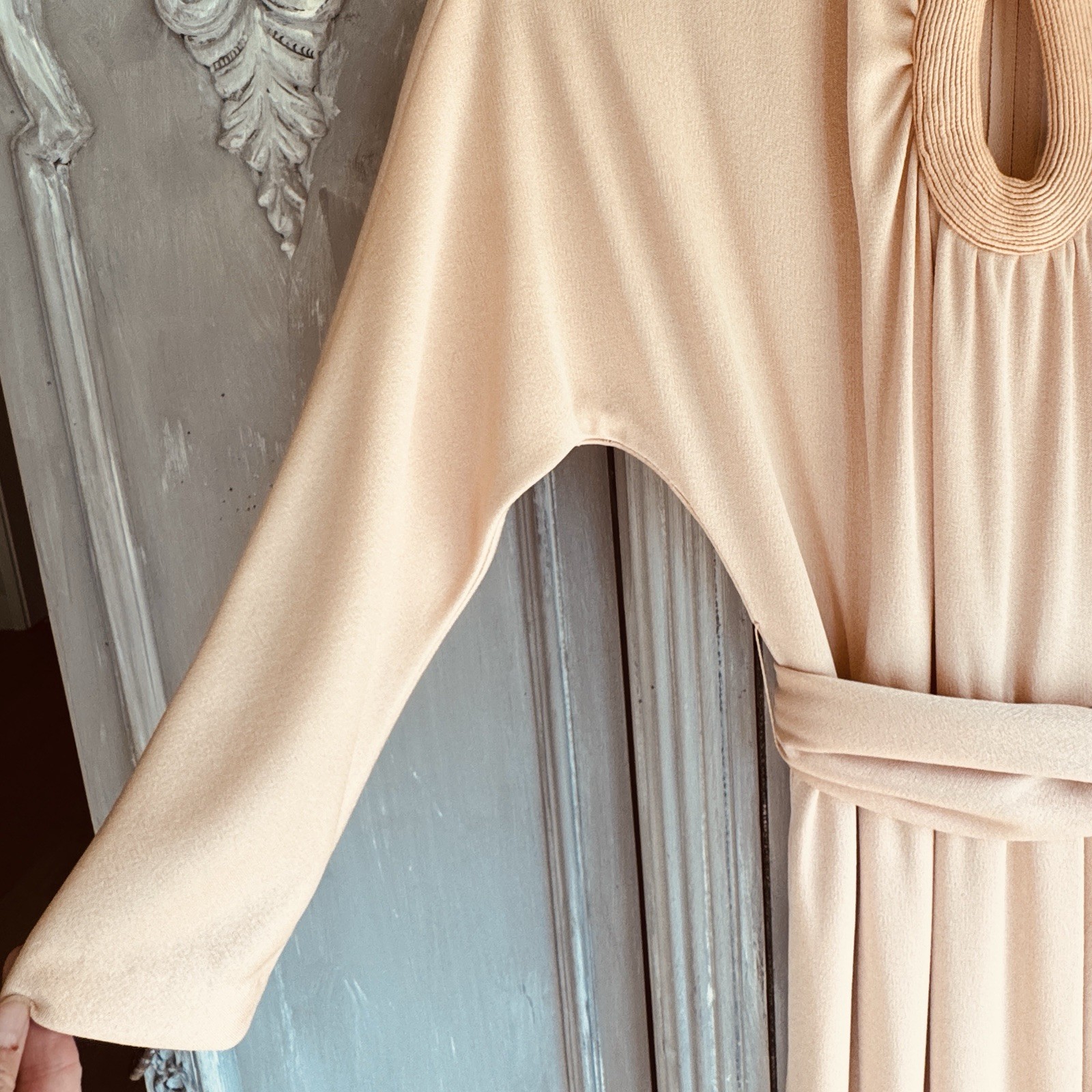 Vintage 70’s NWT Rona NY Peach Gown ILGWU Dress Slinky Tulip Sz 12 Neiman Marcus