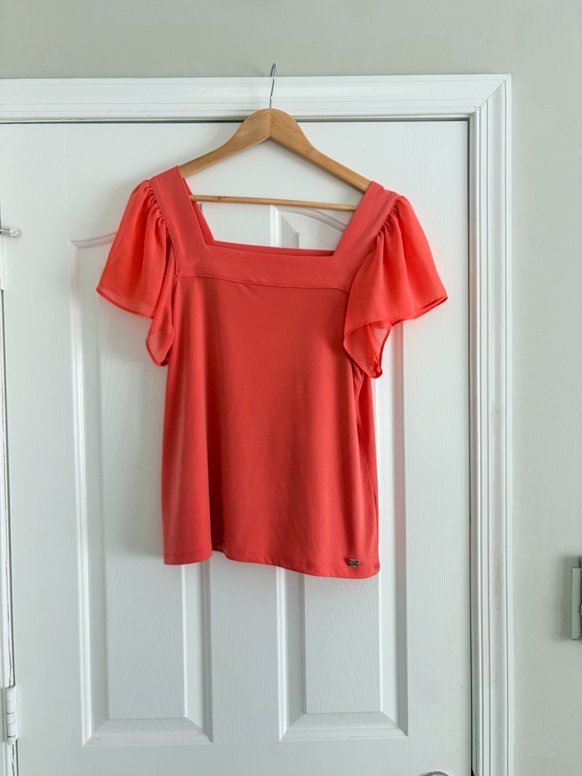 Calvin Klein Coral Square Neck Flutter Short Sleeve Chiffon Ruffle Blouse S