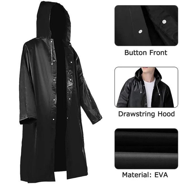 Men Waterproof Long Raincoat Black Hooded Trench Jacket Outdoor Hiking Rain Coat