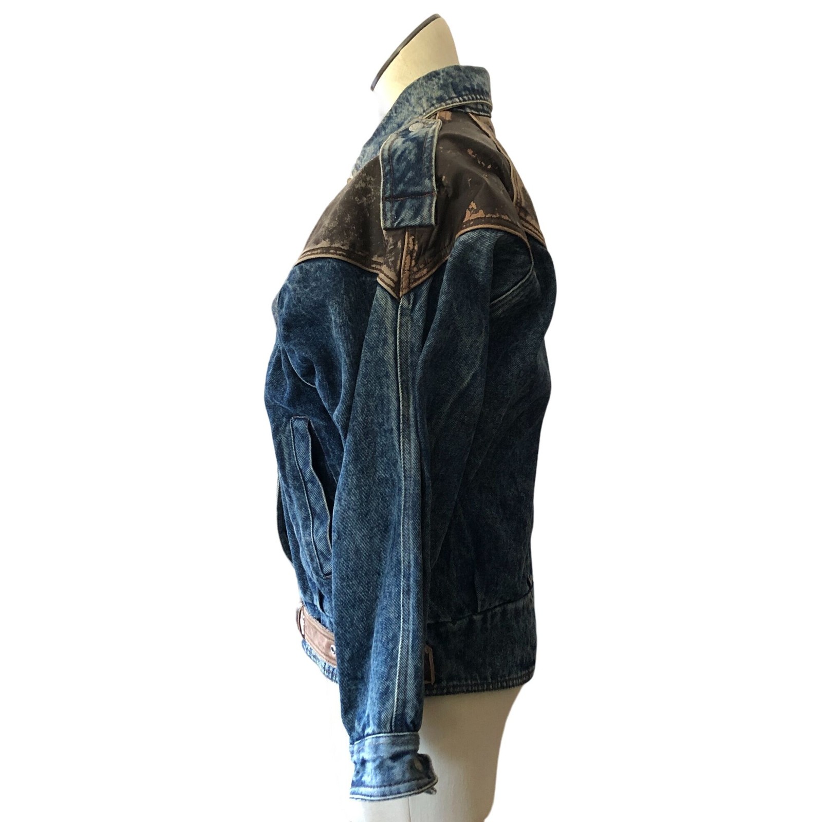 BB Dakota Size Small Blue Denim Leather Oversized Trucker Jacket Vintage