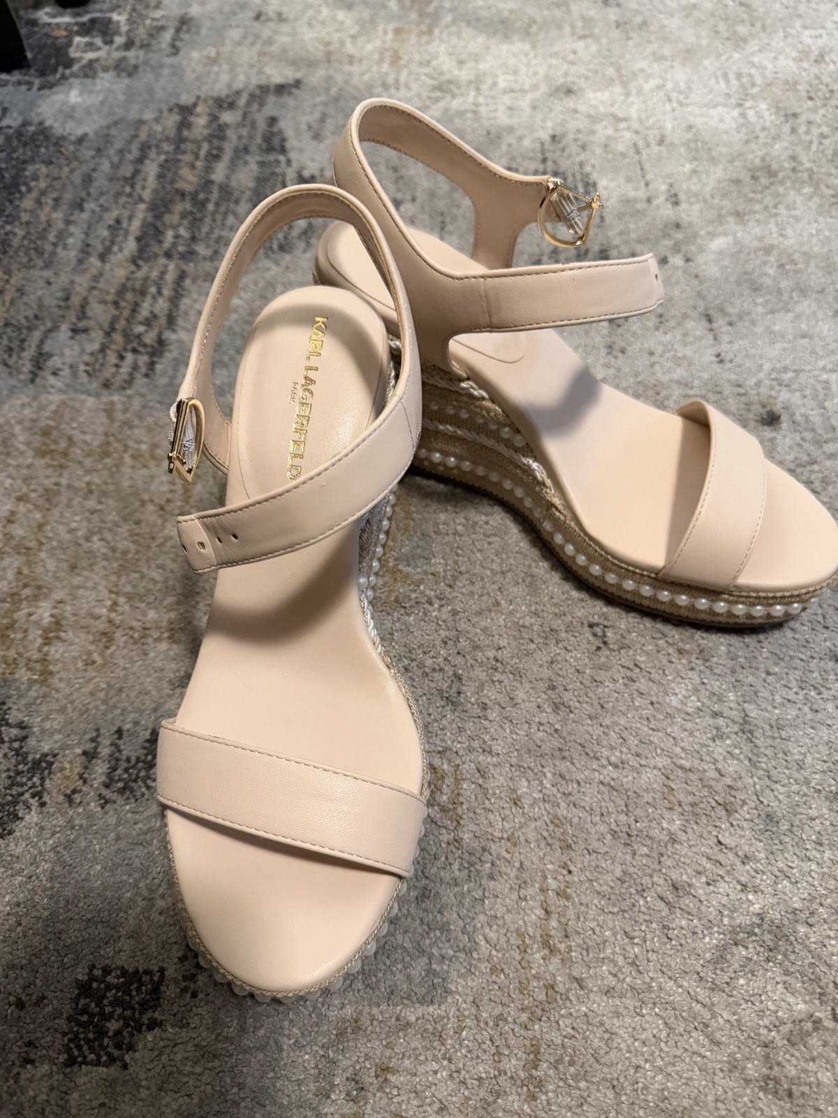 Karl Lagerfeld Beige Wedge Sandals US 8 Pearl Beading Ankle Strap Buckle