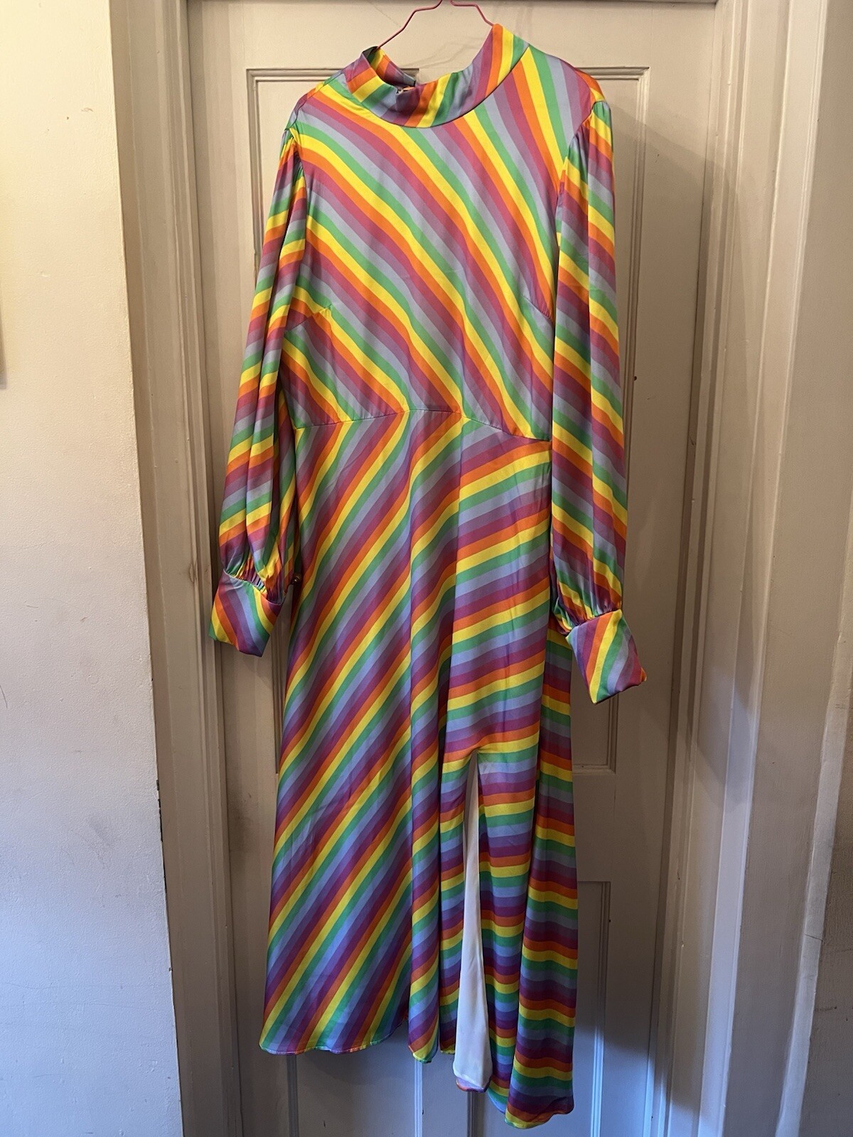 New Olivia Rubin Nessie Prism Stripe Silk Satin Print Midi Dress,UK 14