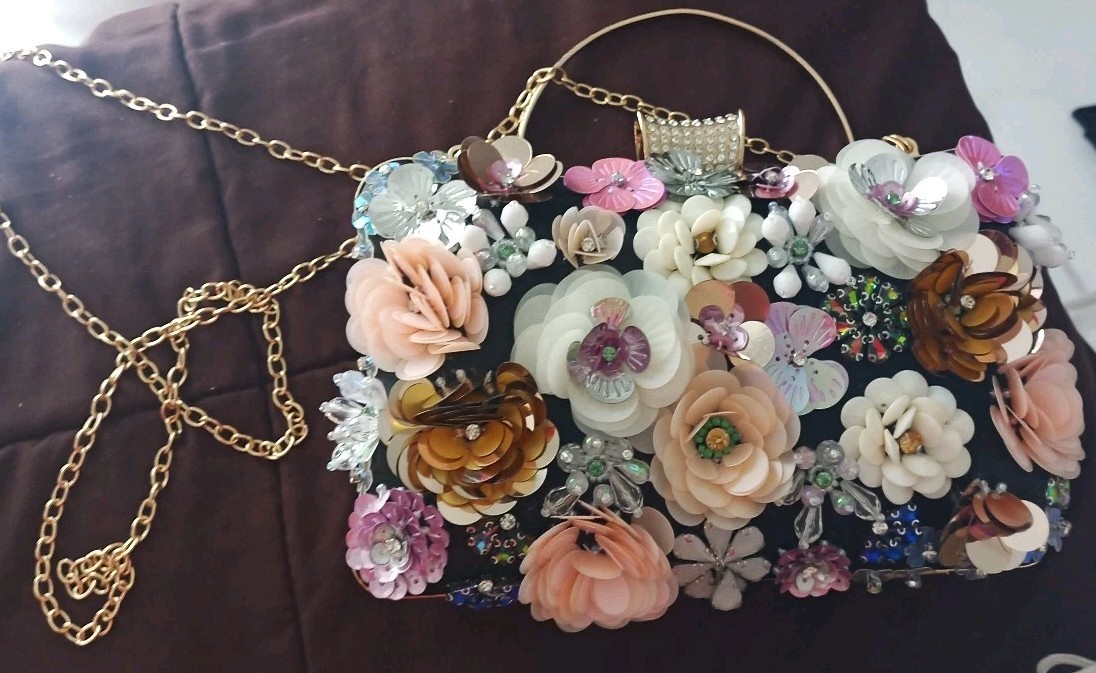 Women Noble Clutch Bag Beaded Flower Sequins Purse Handbag Evening Bag