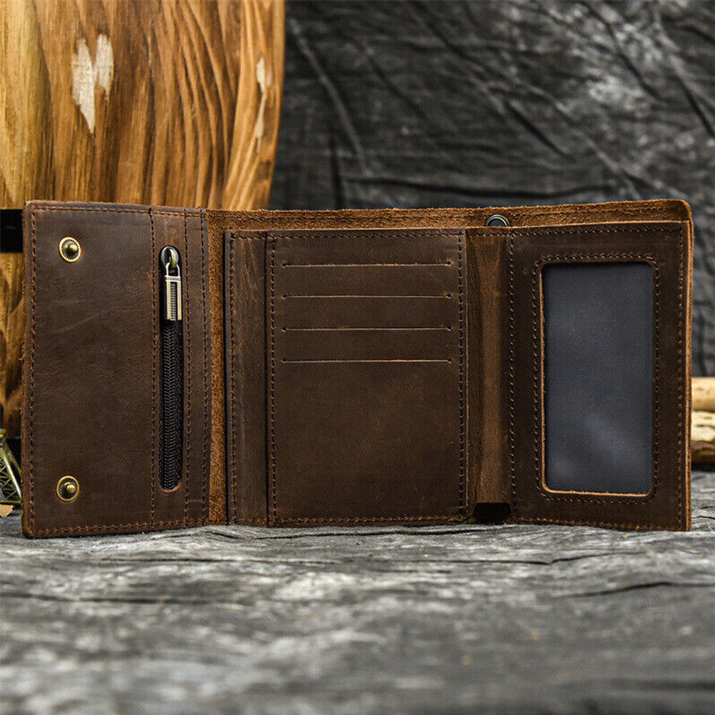 Men’s Tri-fold Vintage Leather Biker Chain wallet With snap Closur Zipper Purse#