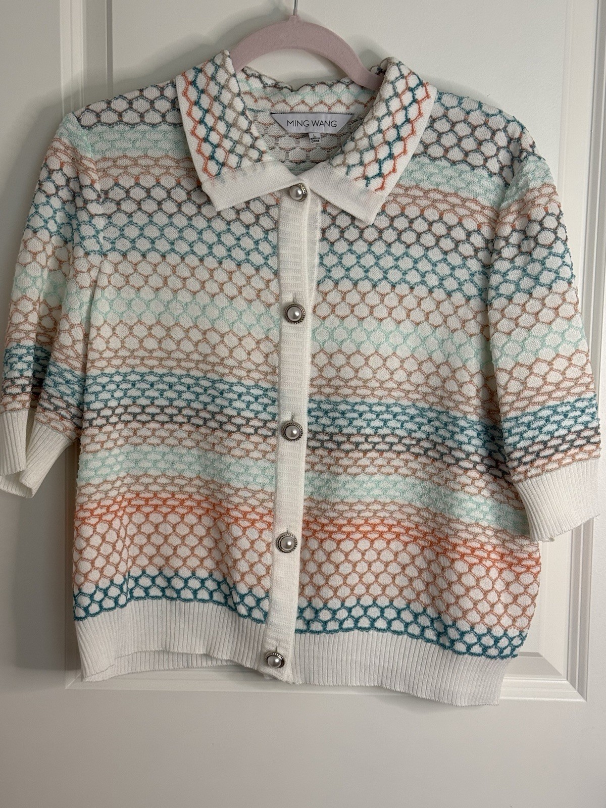 Ming Wang Women’s L Open Knit Collared Cardigan Sweater Pearl Button Multicolor