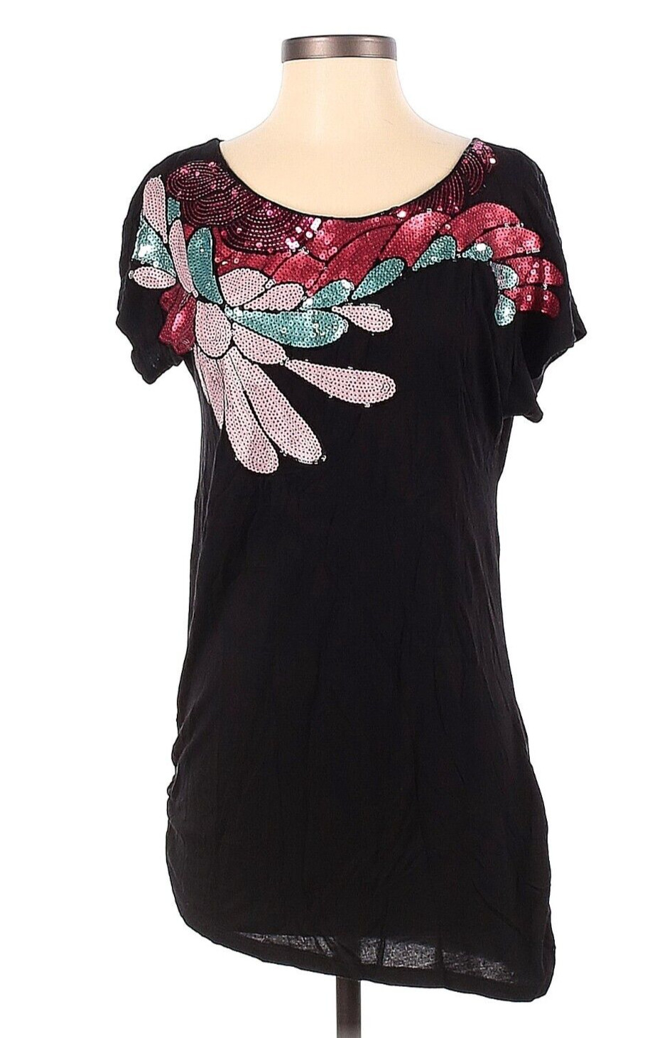 Wet Seal Y2K Embellished Shirt Top T-Shirt Small Junior Black Flower Sequin FLAW