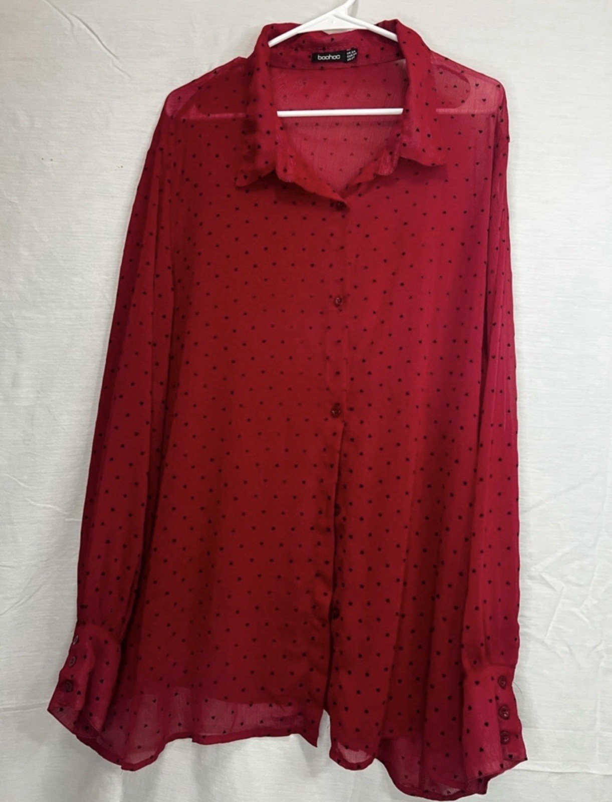 boohoo Red Sheer Chiffon Heart Print Collared Button-Up Long Sleeve Blouse 20