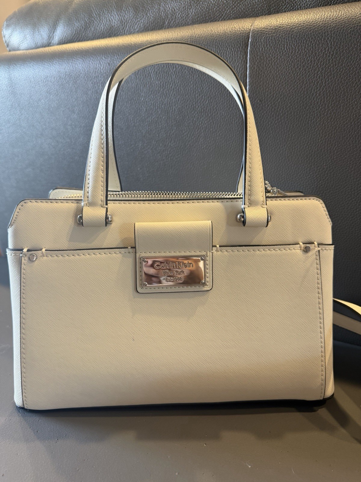 Calvin Klein Beige Satchel Top Handle Bag Zip Double Handles Detachable Strap