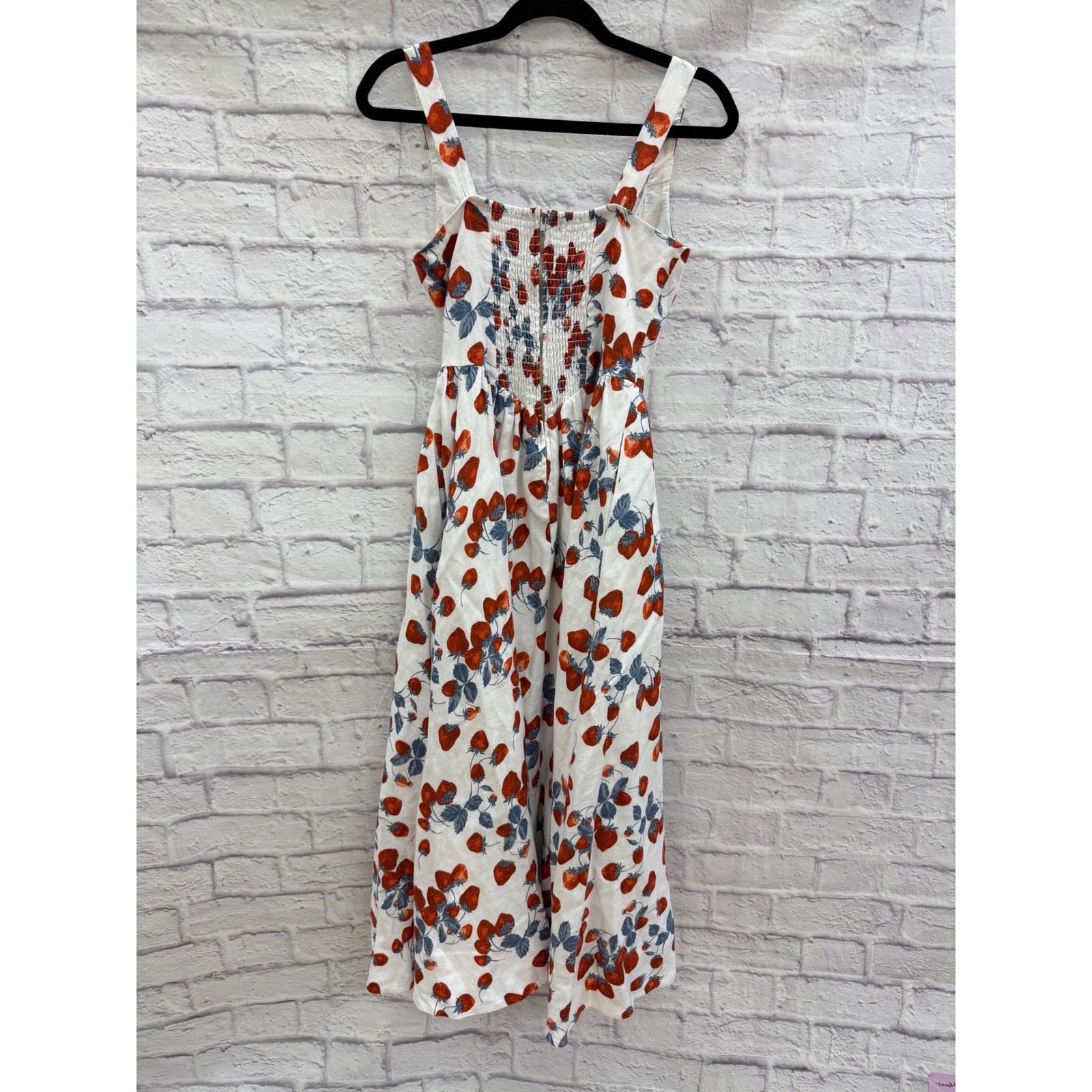 Reformation Balia Linen Strawberry Print Basque Waist Midi Dress White Red Sz 2