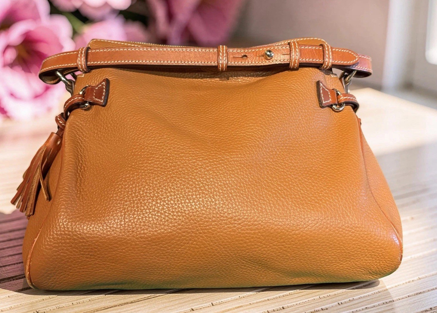 Dooney Bourke Caramel Brown Hobo Zip Shoulder Bag Pebbled Leather