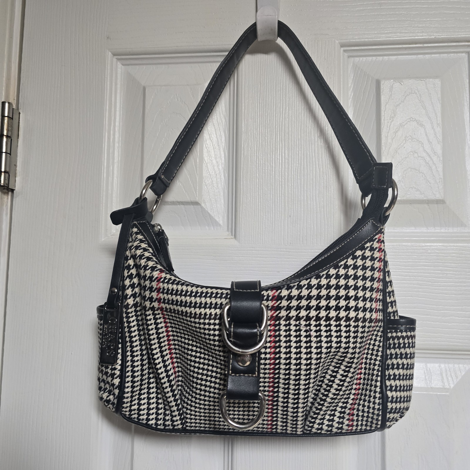 Y2K Vintage Chaps Houndstooth Shoulder Bag Black White Red Buckle Accent Zipper