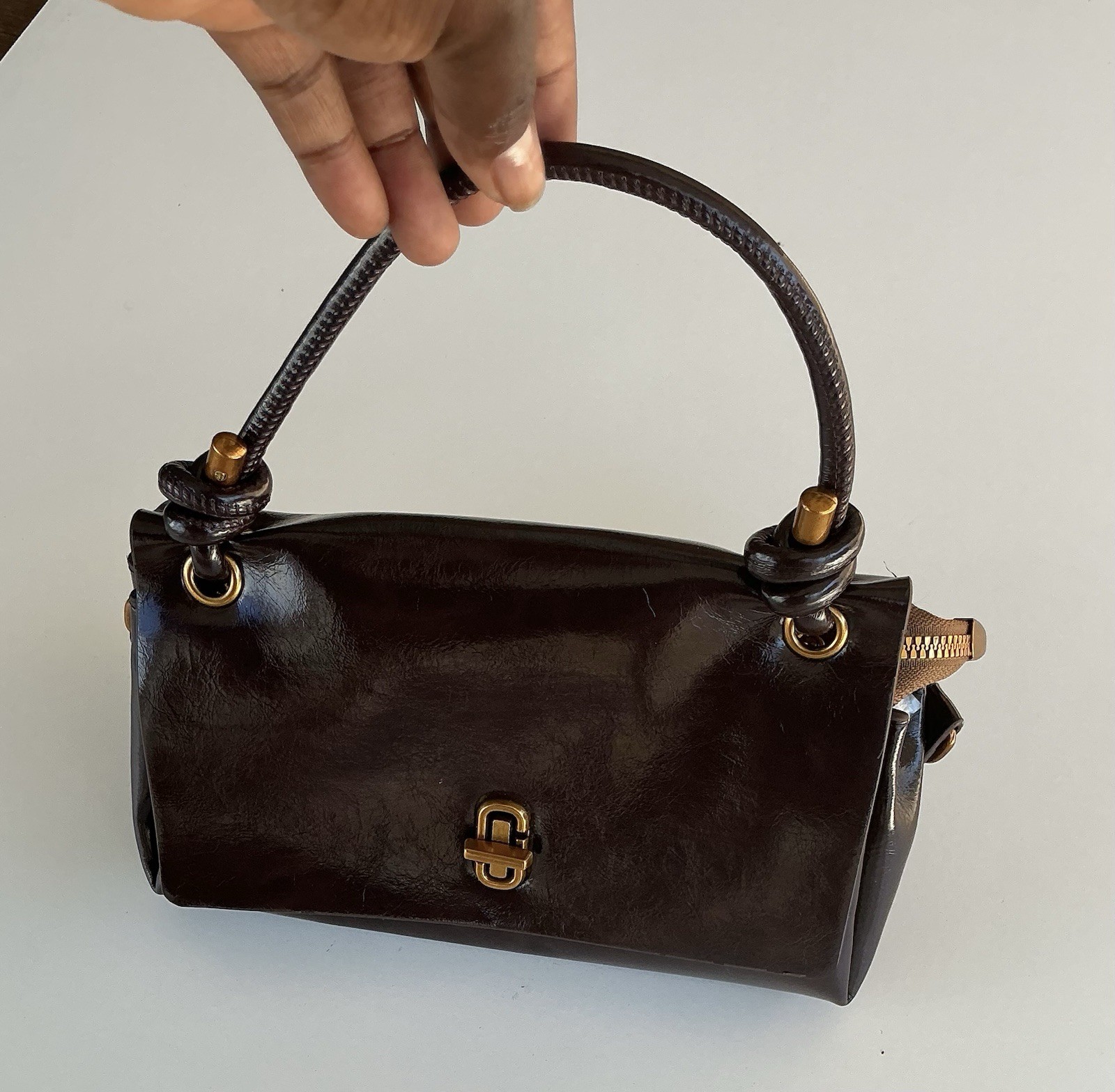 Brown Top Handle Bag w/ Turn Lock & Zip, Gold Hardware, Lined Inner Pockets