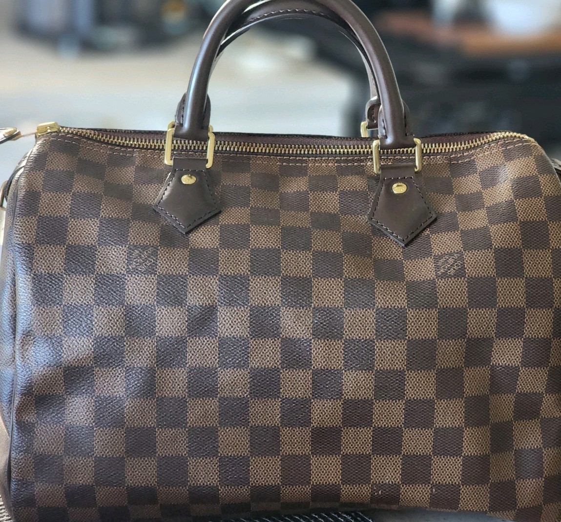 Louis Vuitton Damier Brown Top Handle Bag Red Interior Hot Stamped Initials