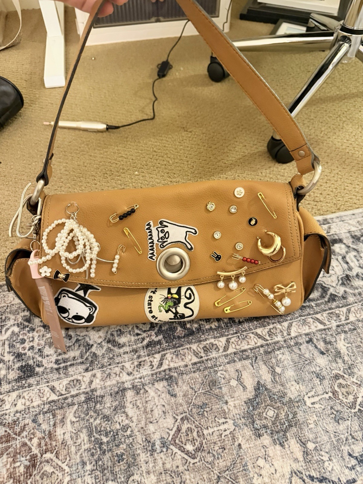Tan Camel Faux Leather Hobo Shoulder Bag Y2K Studs Patches Pearl Pins Charms