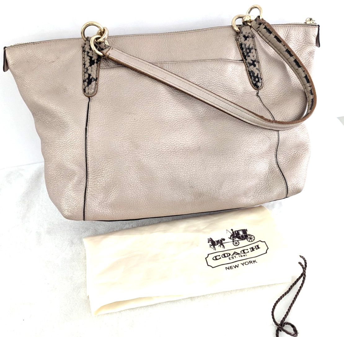 Coach Ava Large Tote Metallic Beige Pink Gold Leather Bag Exotic Trim Dust Cover
