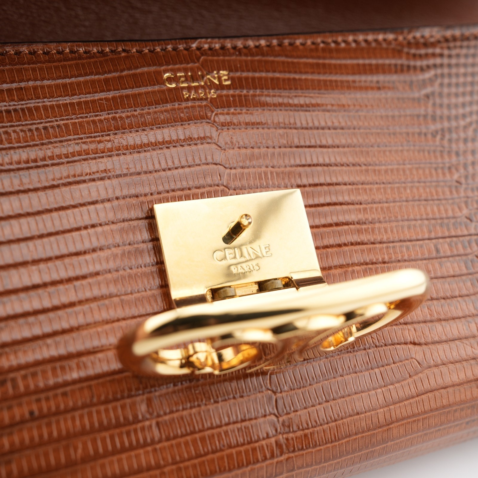 Celine Shiny Lizard Leather Maillon Triomphe Clutch Brown