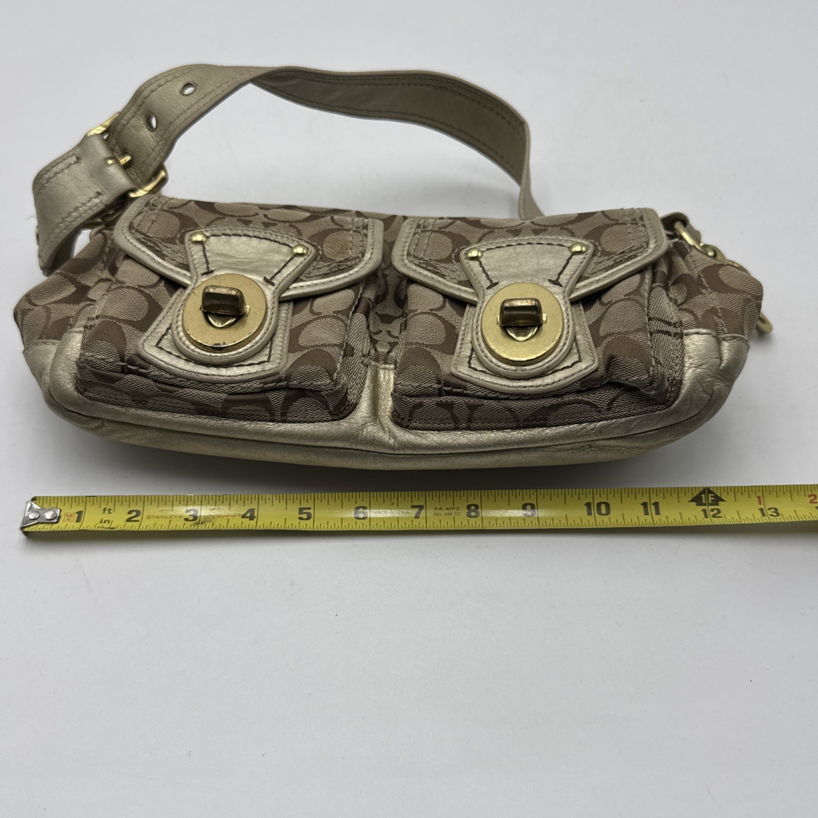Coach Legacy Double Turnlock Tan Signature C Bag Metallic Gold Y2K # F12869