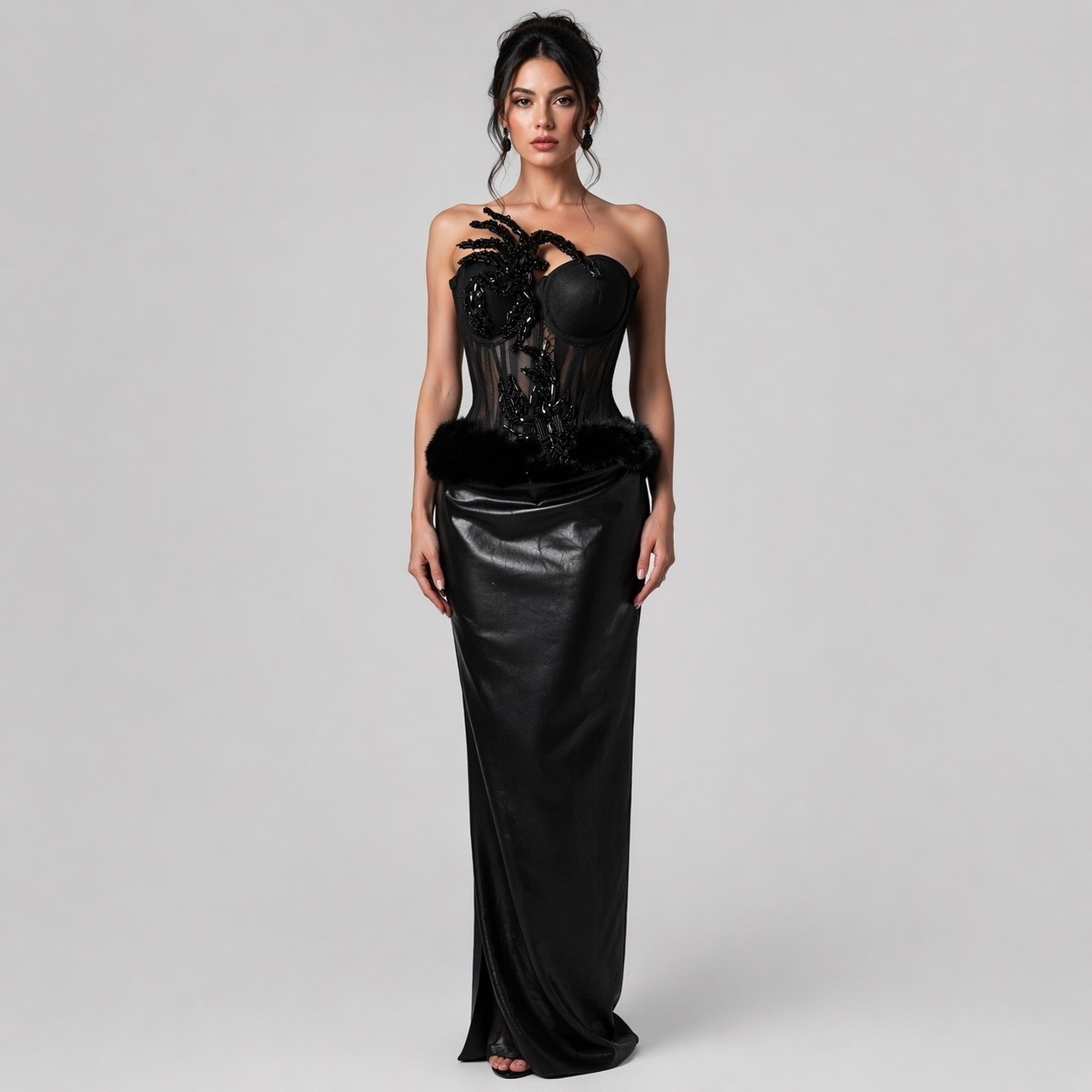 Albina Dyla Black Corset Maxi Dress Faux Leather Mesh Beaded Scorpion Gown Sz 2