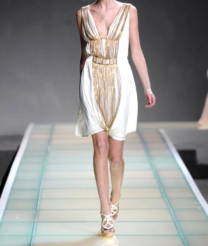 Alberta Ferretti 2008 Runway Gold Grecian Chain Embroidered Dress US 8 10 IT 46