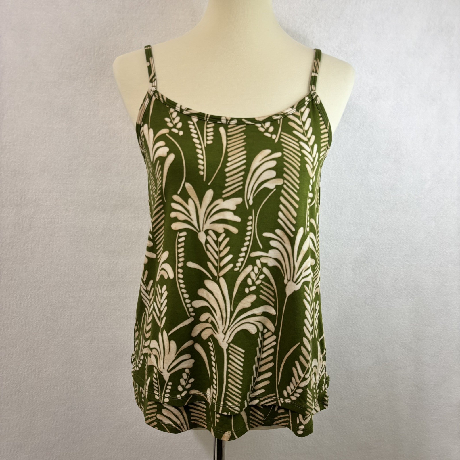 Cabi #6353 Balcony Cami Tank Top Green Palm Print Tropical Layering Size XS