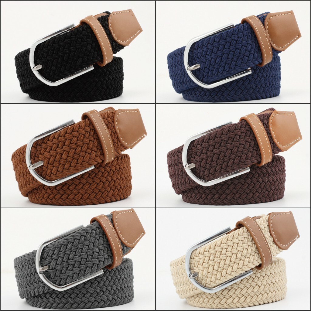 Men’s Women’s Leather Covered Buckle Woven Elastic Stretch Belt 1-1/4″ Wide